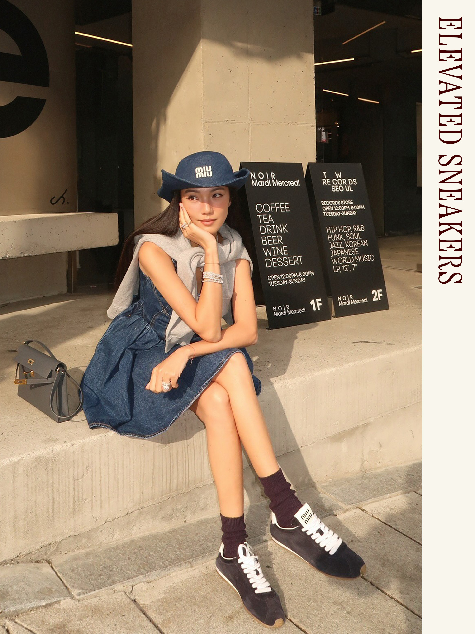 Influencer wearing a denim dress, Miu Miu cowboy hat, and Miu Miu sneakers.