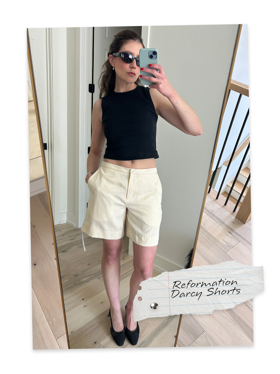 wjkxcjceaywaqrvfdg88xs Allyson Payer trying on Reformation Darcy Shorts.